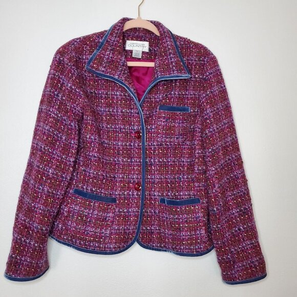 Jones New York Country Jackets & Blazers - Jones New York Country Women Sz Large Purple Pink Tweed Wool Blend Blazer Jacket